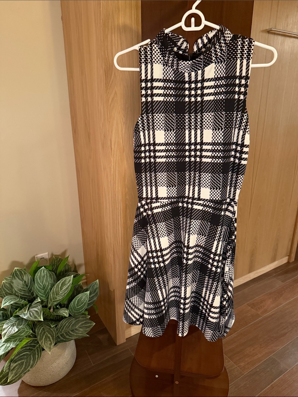 Aqua Black and White Plaid Sleeveless Mini Dress
